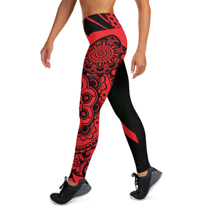 Red and black Yoga-Leggings N°30 with floral mandala design, featuring a high waist and four-way stretch fabric for comfort.