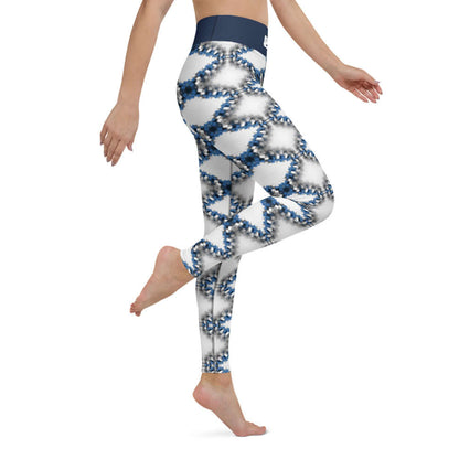Yoga-Leggings N°17 featuring a blue and white geometric pattern, made of soft, stretchy microfiber with a high waistband.