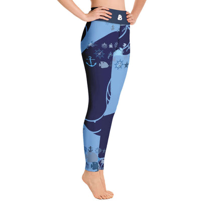 Woman wearing Yoga-Leggings N°20 with nautical print, four-way stretch fabric, and high waistband for comfort and style.
