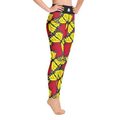 Yoga-Leggings N°27 in vibrant yellow butterfly print on red background, showcasing four-way stretch and high waistband.