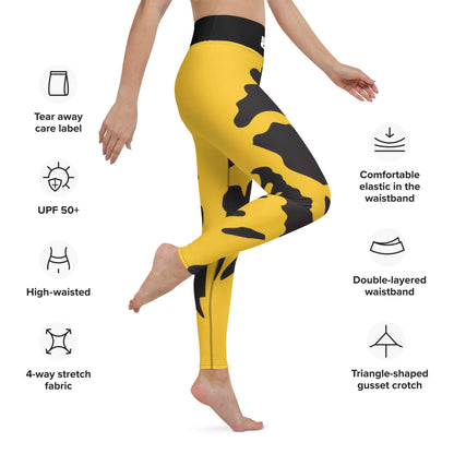 Yoga-Leggings N°37 with high-waist, four-way stretch fabric in yellow camo design, featuring UPF 50+ and triangle-shaped gusset.