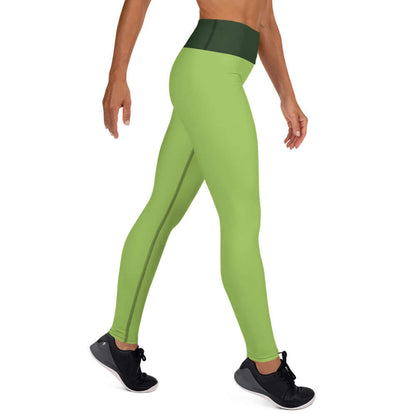 Woman wearing green Yoga-Leggings N°43 with high waistband, showcasing comfort and stretchability for yoga and exercise.