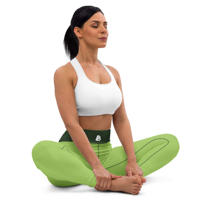 Woman wearing Yoga-Leggings N°43 in a seated yoga pose, showcasing comfortable four-way stretch and elevated waistband.