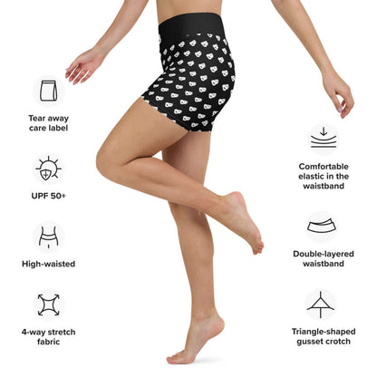 Yoga-Shorts N°0 with high waistband, black with white pattern, showing features like 4-way stretch and triangle-shaped gusset crotch.