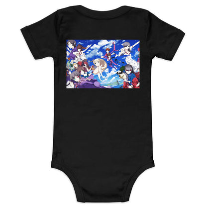 Kurzärmliger Baby-Einteiler N°0 aus 100% Baumwolle mit buntem, fröhlichem Fantasy-Design auf der Rückseite, leichter und bequem.