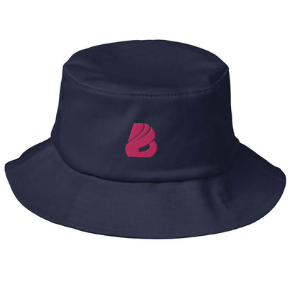 Old School-Fischerhut N°1 navy blue bucket hat with vintage design, ideal for outdoor activities, featuring a pink embroidered logo.