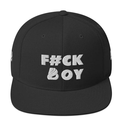 Black snapback cap with bold embroidered text on the front