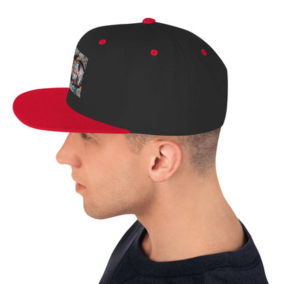 Man wearing Snapback-Cap N°6 with red brim and embroidered design, showcasing universal comfort and style.