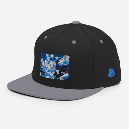 Snapback-Cap N°5 with embroidered blue and grey design, featuring a classic flat brim and adjustable snap closure for a universal fit.
