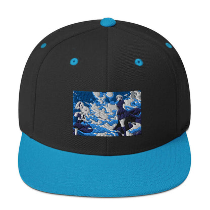 Snapback-Cap N°5 with blue and black color scheme, featuring flat brim and embroidered artwork on the front panel