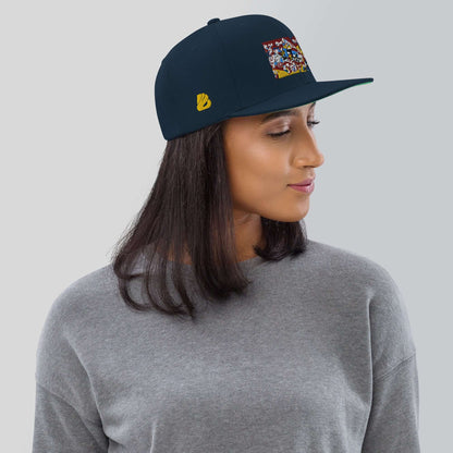 Woman wearing Snapback-Cap N°4 with navy blue and embroidered patch, featuring classic fit and flat brim, side view.