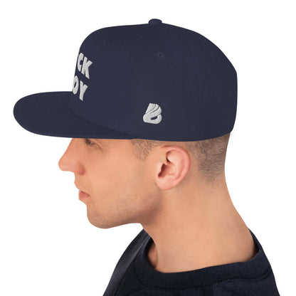 Side view of man wearing Snapback-Cap N°2 with embroidered design, structured fit, and green underside.