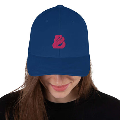 Strukturierte Cord-Cap N°0 in navy blue with pink logo, featuring athletic shape, elastic stretch band, and comfortable fit.