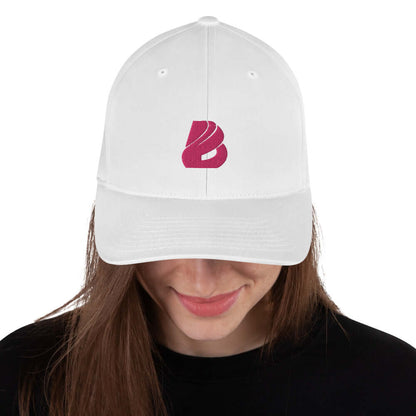 Strukturierte Cord-Cap N°0 in Weiß, zeigt Vorderansicht mit pinkem Logo, erhältlich in zwei Größen mit elastischem Stretch-Band.