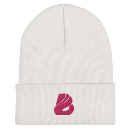 Umgeschlagene Beanie N°1 in white with embroidered logo, hypoallergenic, unisex, 100% Turbo-Acrylic, warm and stylish for all seasons.