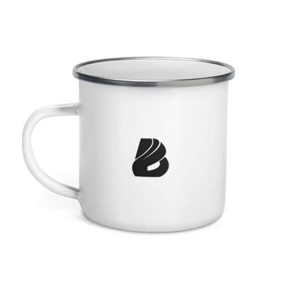 Emailletasse N°0 with black logo, white enamel coating, and silver rim, perfect for camping and hiking, attached to a backpack for easy access.