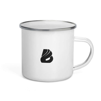 Emailletasse N°0 mit weißer Beschichtung und silbernem Rand, ideal für Camper, langlebig und multifunktional, mit Logoaufdruck.