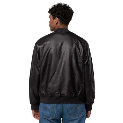 Back view of black Leder-Bomberjacke N°0 made from 100% PU leather with ribbed cuffs and relaxed fit, perfect for casual outfits.