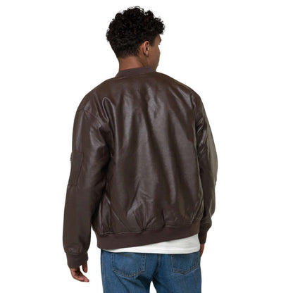Man wearing Leder-Bomberjacke N°0, classic PU leather jacket with ribbed cuffs, back view