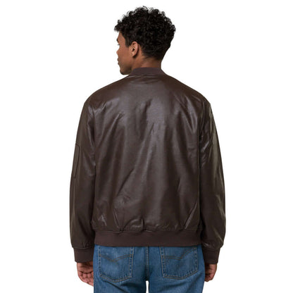 Back view of a man wearing a dark brown Leder-Bomberjacke N°0 with ribbed collar and cuffs, made of 100% PU leather.