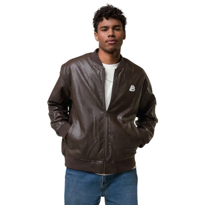 Man wearing Leder-Bomberjacke N°0, a classic PU-leather jacket, perfect for casual, chic, or sporty outfits with ribbed cuffs.