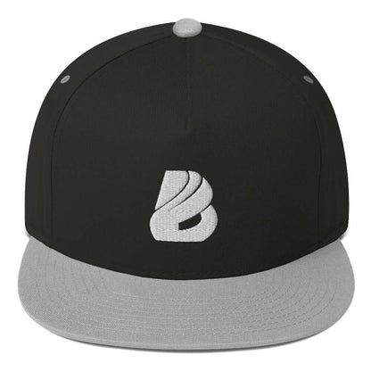 Flat Bill-Cap N°1 with high-profile fit, black and grey design, and green undervisor. 100% cotton corduroy structured five-panel cap.