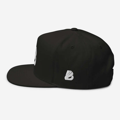 Flat Bill-Cap N°0 black side view with green under visor, 100% cotton cord, 5-panel high-profile design, classic snapback closure