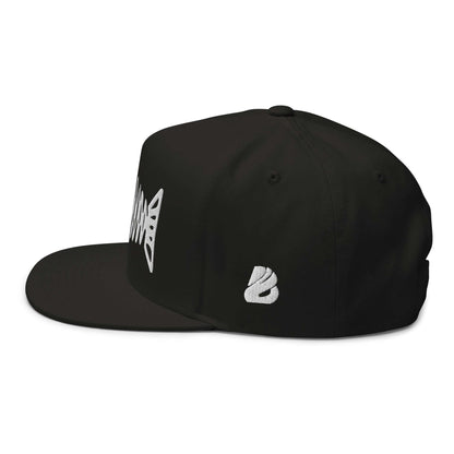 Flat Bill-Cap N°3 with classic silhouette, green underbill, embroidery on black cotton fabric, high-profile 5-panel design with snapback.