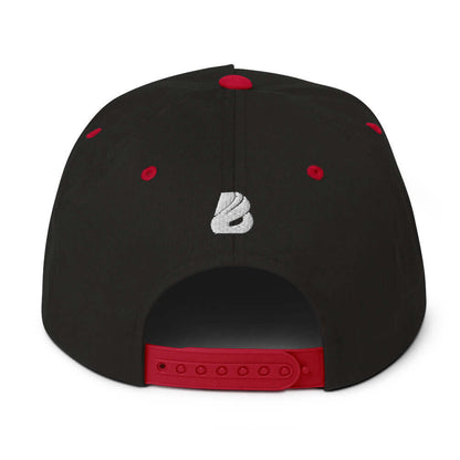 Back view of Flat Bill-Cap N°1 in black with red details and snapback closure, featuring green under visor and structured 5-panel design.