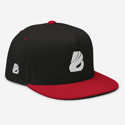 Flat Bill-Cap N°0 with black cotton-cord design, structured 5-panel high-profile, red visor and snapback closure, green undervisor.