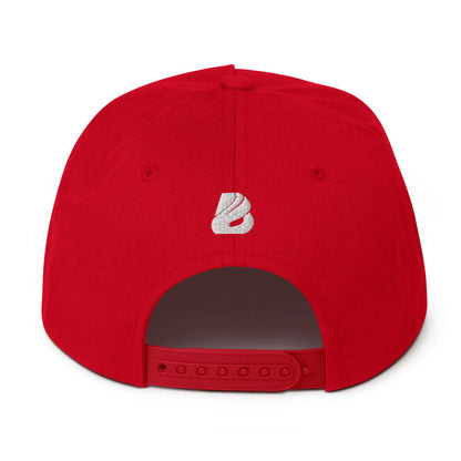 Back view of red Flat Bill-Cap N°1 with snapback closure and stitched eyelets.