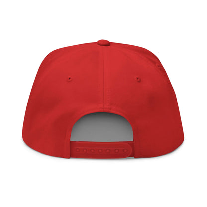 Back view of red Flat Bill-Cap N°3 showing snapback closure and structured 5-panel design with high-profile fit.