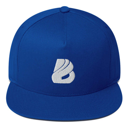 Blue Flat Bill-Cap N°1 with white logo, high-profile structured design, green undervisor, snapback closure. Perfect for casual wear.