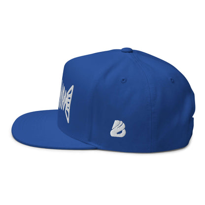 Side view of blue Flat Bill-Cap N°3 with green under visor and structured 5-panel design