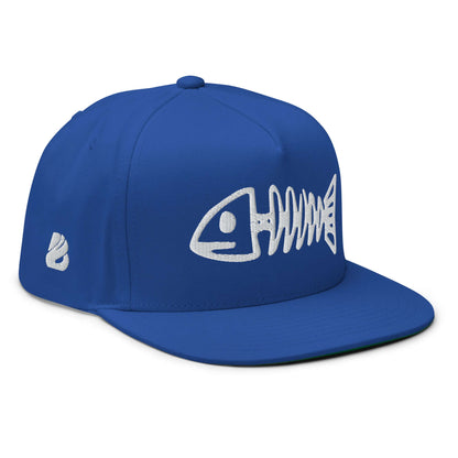 Flat Bill-Cap N°3 with blue color and embroidered fish skeleton design, featuring a green under-visor and snapback closure.