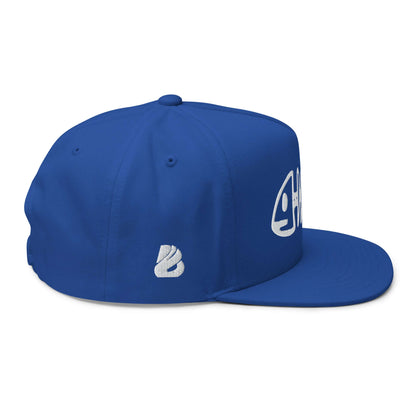 Blue Flat Bill-Cap N°3 with structured 5-panel design and green under visor, featuring snapback closure.