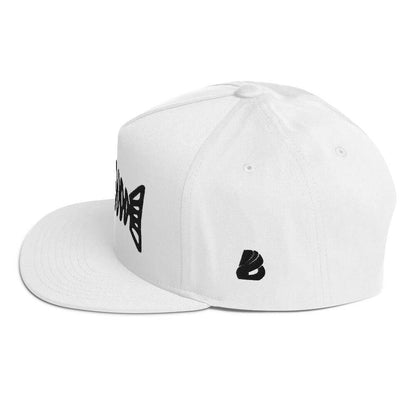 Flat Bill-Cap N°2 with green under visor, structured 5-panel design, white color, high-profile, black embroidered side accents, cotton cord material.