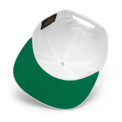 Flat Bill-Cap N°2 with green under-visor, white interior view, structured design, 100% cotton-cord, 5-panel, high-profile cap.