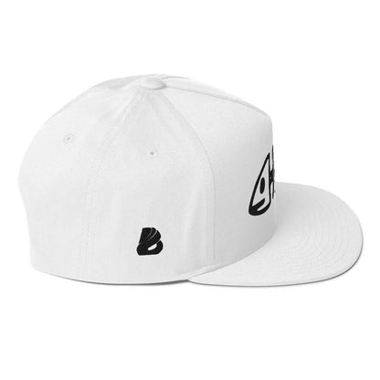 Flat Bill-Cap N°2 in white with green under visor and snapback closure, structured 5-panel high-profile design