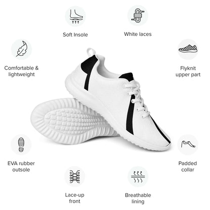 Herren-Turnschuhe N°0 mit gepolstertem Kragen, EVA-Gummisohle und atmungsaktivem Flyknit-Obermaterial, weiß mit schwarzem Akzent.