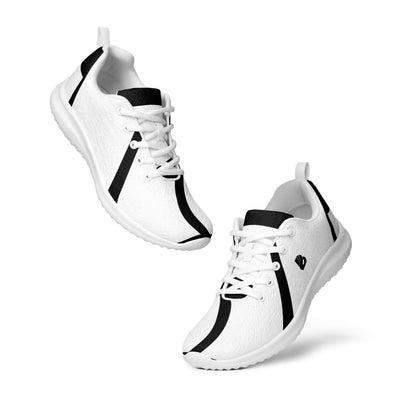 White Herren-Turnschuhe N°0 with black accents, featuring breathable Flyknit material and EVA rubber sole for comfort and stability.