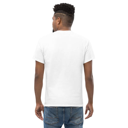Back view of model wearing Klassisches Herren-T-Shirt N°0, 100% cotton, ideal for layering, shown in white, structured fit, trendy look.