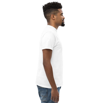 Side view of a man wearing the Klassisches Herren-T-Shirt N°0 in white, perfect for layering and comfortable everyday wear.