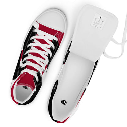 Red and black High-Top Leinenschuhe für Herren N°4 with white laces and ethylene-vinyl acetate sole.