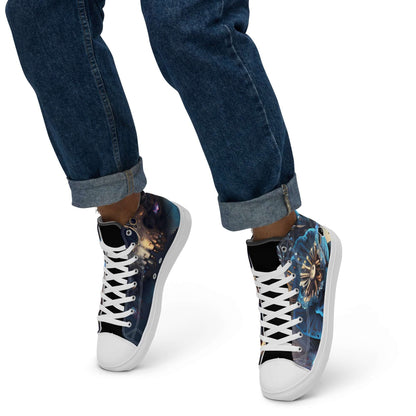 Person wearing High-Top Leinenschuhe für Herren N°2 with artistic design, featuring blue and black colors, cuffed jeans.