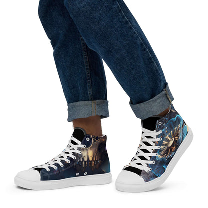 Person wearing High-Top Leinenschuhe für Herren N°2 with artistic design, showcasing breathable fabric and EVA rubber sole. Trendy and stylish footwear.