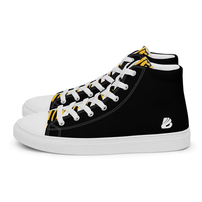 High-Top Leinenschuhe für Herren N°3, schwarz-weißes Design mit gelbem Muster, trendige handgefertigte Schuhe, gepolsterter Kragen, weiße Schnürsenkel