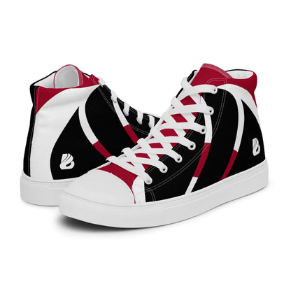 High-Top Leinenschuhe für Herren N°4, schwarz-rot-weißes Design, handgefertigte Leinenschuhe mit EVA-Gummisohle und Kunstlederzehenkappe.