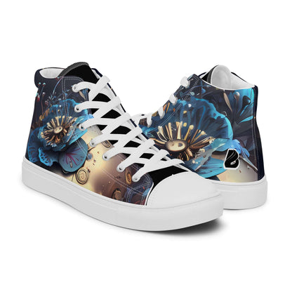 High-Top Leinenschuhe für Herren N°2, handgefertigte Schuhe, trendiges Design, 100% Polyester, Kunstleder Zehenkappe, blaue Blumenmuster.