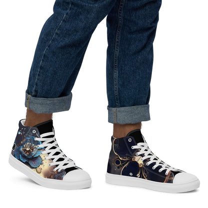 High-Top Leinenschuhe für Herren N°2 in blauem Design, getragen mit gefalteten Jeans, handgefertigt und trendig für modische Outfits.